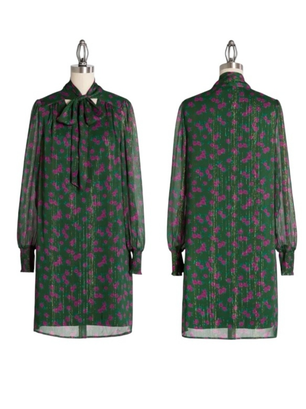 Modcloth Winter Blooming Roses Mini Tie Neck Dress Size 2X Green Metallic Retro